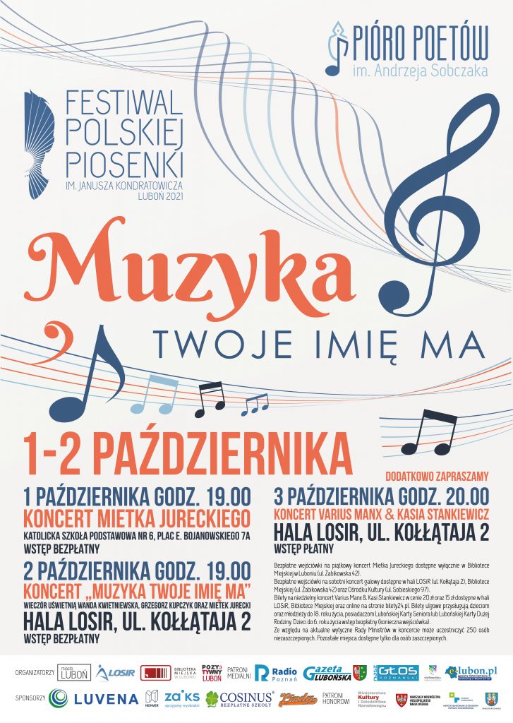 plakat promujący Festiwal Polskiej Piosenki im. Janusza Kondratowicza Luboń 2021 - informacje powtórzone w artykule